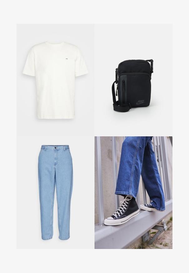 Biała bawełniana koszulka z okrągłym dekoltem, krótkimi rękawami i małym czarnym logo "W.W." na lewej piersi. Gładka tekstura, standardowy krój.; Jasnoniebieskie dżinsy o luźnym kroju, wysokim stanie i prostych nogawkach. Posiadają kieszenie z przodu oraz metalowe zapięcie.; Czarne sneakersy za kostkę z białą podeszwą i sznurówkami, w połączeniu z luźnymi niebieskimi dżinsami, opierające się na szarym balustradzie.; Czarna nylonowa torba na ramię z zamykanymi komorami, regulowanym paskiem i subtelnym logo z przodu. Gładka tekstura i prostokątny kształt.