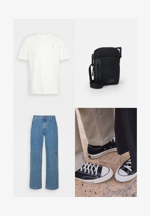 Tricou alb din bumbac cu decolteu rotund, mâneci scurte și un mic logo negru "W.W." pe pieptul stâng. Textură netedă, tăietură regulară.; Jeans din denim de culoare albastru deschis, cu o croială relaxată, având panouri din patchwork, închidere cu nasture superior, design cu cinci buzunare și branding subtil pe picior.; Adidași negri din pânză cu vârfuri din cauciuc alb și șireturi. Cusătura în contrast și ochiurile metalice adaugă detalii. Purtați cu pantaloni bej și o bluză din material negru.; Geantă neagră din nailon tip crossbody, cu compartimente cu fermoar, curea ajustabilă și detalii subtilă ale logo-ului pe față. Textură netedă și formă rectangulară.