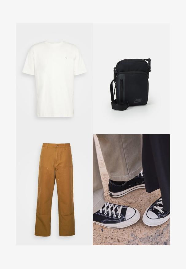 White cotton t-shirt with crew neckline, short sleeves, and a small black "W.W." logo on the left chest. Smooth texture, regular fit.; Brown cotton utility pants with a straight leg design, featuring front pockets and metal hardware accents for added durability.; Black canvas sneakers with white rubber toe caps and laces. Contrast stitching and metal eyelets add detail. Worn with beige pants and black fabric.; Black nylon crossbody bag with zippered compartments, adjustable strap, and subtle logo detail on the front. Smooth texture and rectangular shape.