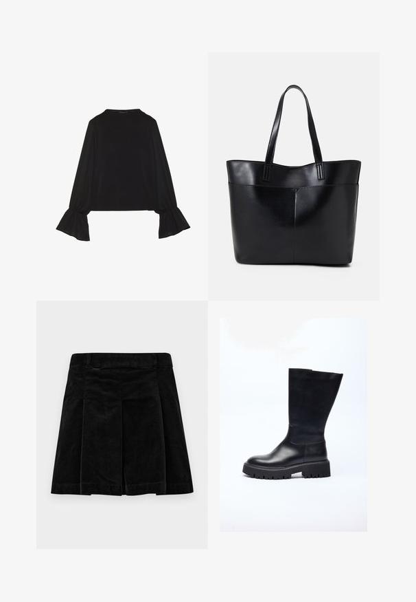 Melna garām piedurknēm krekls ar izplestu aproču, maigu tekstūru un brīvu piegriezumu, ar vienkāršu apaļu dekoltē.; Melna korduroja svārki ar krokotu dizainu, taisna griezuma, teksturētu virsmu un jostu drošai piegulšanai.; Melna ādas ceļgala augstuma zābaki ar masīvu zoli, kas veidoti ar gludu tekstūru, noapaļotu purngalu un minimālistisku siluetu.; Melnas ādas iepirkumu soma ar divām garām rokturām, gludu tekstūru un strukturētu formu. Iekļauj priekšējo kabatu papildu uzglabāšanai.