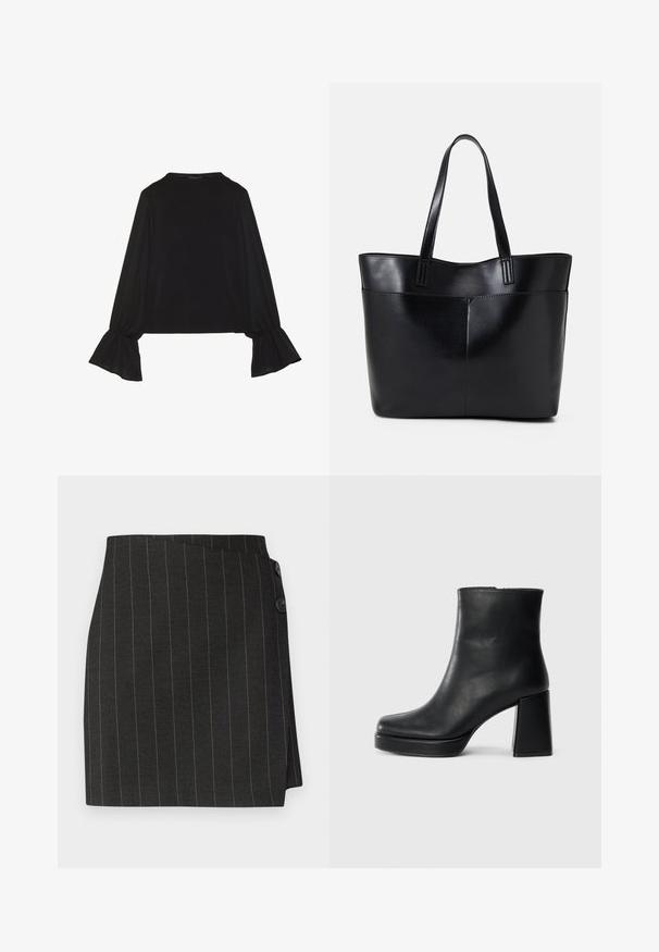 Czarny top z długim rękawem, z rozkloszowanymi mankietami, miękką fakturą i luźnym krojem, z prostym okrągłym dekoltem.; Czarna spódnica w paski z dopasowanym krojem, z asymetrycznym krojem drapowanym i dwoma guzikami w talii do zapięcia.; Czarne skórzane botki za kostkę z blokowym obcasem i platformą, widok z boku na białym tle.; Czarna skórzana torba na ramię z dwoma długimi uchwytami, gładką teksturą i sztywną formą. Posiada przednią kieszeń dla dodatkowego przechowywania.
