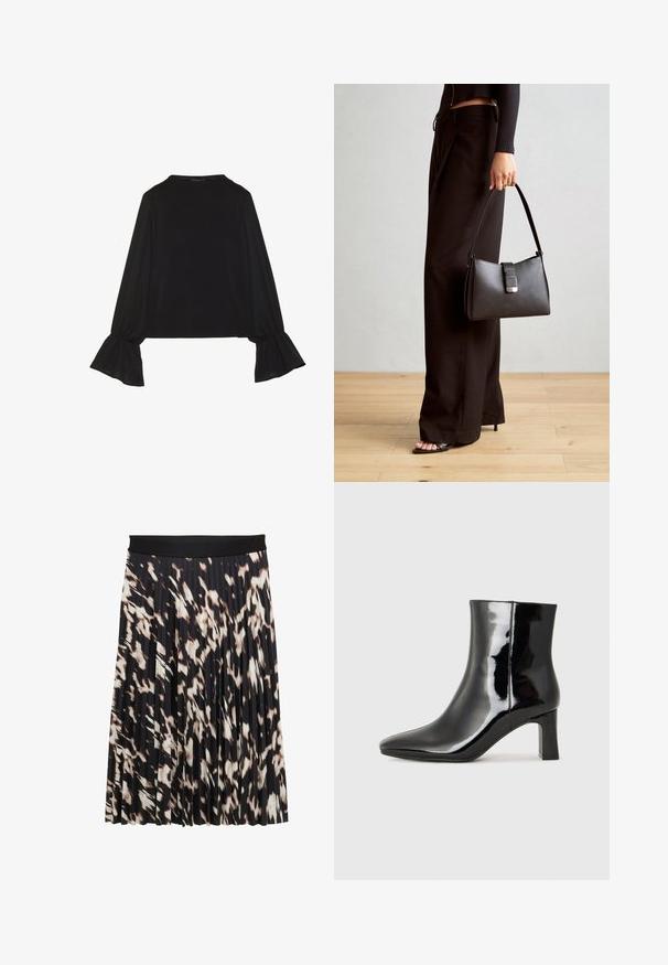 Czarny top z długim rękawem, z rozkloszowanymi mankietami, miękką fakturą i luźnym krojem, z prostym okrągłym dekoltem.; Plisowana spódnica z szerokim czarnym paskiem w talii; wzorzysta w odcieniach czerni, ecru i brązu; gładka tekstura z lekkim, płynącym krojem.; Czarne lakierowane botki za kostkę z wysmukłym noskiem i średniej wysokości obcasem w kształcie słupka. Gładka tekstura i minimalistyczny design.; Czarna torebka o usztywnionym kształcie, gładkiej fakturze i metalowym zapięciem. Połączona z szerokimi czarnymi spodniami i sandałami na otwartym palcu na drewnianej podłodze.