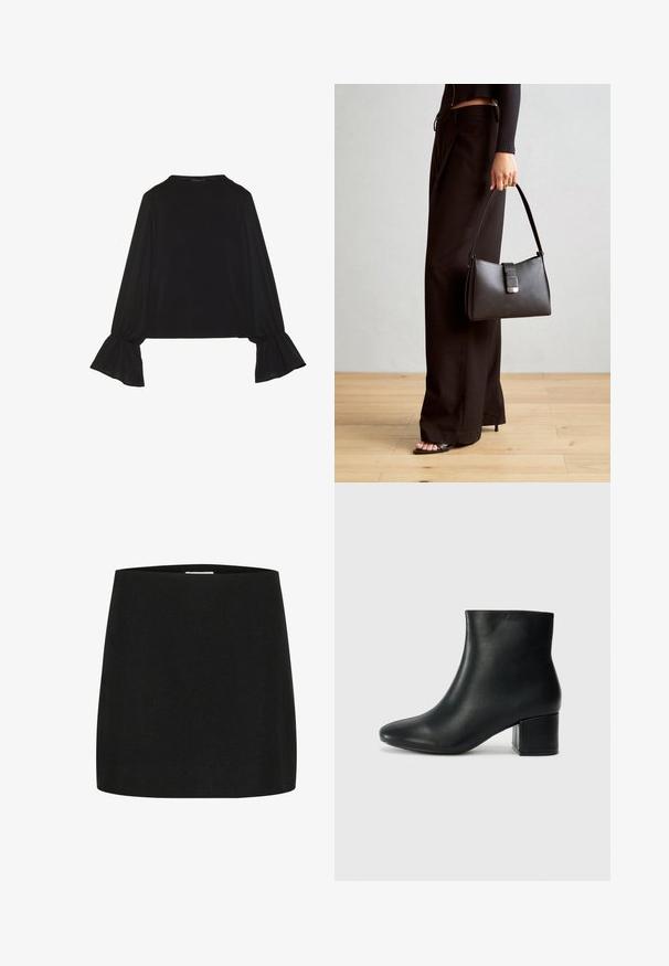 Černý top s dlouhými rukávy, který má rozšířené manžety, jemnou texturu a volný střih, s jednoduchým kulatým výstřihem.; Černá mini sukně vyrobená z texturovaného materiálu, s jednoduchým, rovným střihem bez viditelných ozdob nebo vzorů.; Černé kožené kotníkové boty s špičatou špičkou a robustním podpatkem. Hladký povrch s minimálními akcenty a elegantním, přiléhavým designem.; Černá kabelka se strukturovaným tvarem, hladkým povrchem a kovovým uzávěrem. Kombinována s širokými černými kalhotami a sandály s otevřenou špičkou na dřevěné podlaze.
