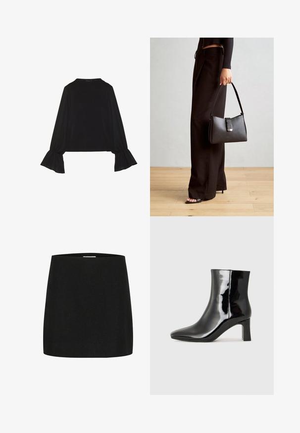 Zwarte langemouwen top met uitlopende manchetten, een zachte textuur en een relaxed fit, met een eenvoudige ronde halslijn.; Zwarte minirok van gestructureerde stof, met een eenvoudige, rechte snit en zonder zichtbare versieringen of patronen.; Zwarte gepolijste leren enkellaars met een spitse neus en een blokhak van gemiddelde hoogte. Glad textuur en minimalistisch ontwerp.; Zwarte handtas met gestructureerde vorm, gladde textuur en een metalen sluiting. Gecombineerd met brede zwarte broeken en sandalen met open teen op een houten vloer.