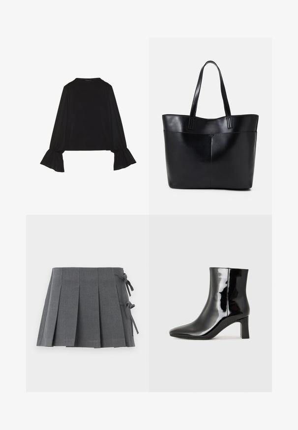 Top negro de manga larga con puños acampanados, textura suave y un ajuste relajado, con un sencillo cuello redondo.; Falda gris plisada con una pretina con lazos, confeccionada en tejido texturizado, con un corte limpio y sin herrajes visibles.; Botín de charol negro con punta afilada y un tacón de bloque de altura media. Textura suave y diseño minimalista.; Bolso tote de cuero negro con dos asas largas, textura suave y forma estructurada. Cuenta con un bolsillo frontal para almacenamiento adicional.