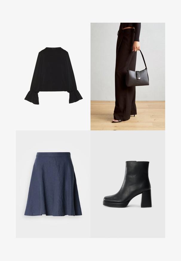 Top preto de mangas longas com punhos largos, textura suave e um corte descontraído, com um simples decote redondo.; Saia de linho azul-marinho com um design evasé, textura leve, corte a meio comprimento e detalhes cosidos ao longo das costuras.; Bota de couro preta até ao tornozelo com salto bloco e sola com plataforma, vista de lado sobre um fundo branco liso.; Bolsa preta com forma estruturada, textura suave e um fecho metálico. Combinada com calças largas pretas e sandálias de salto aberto sobre um chão de madeira.