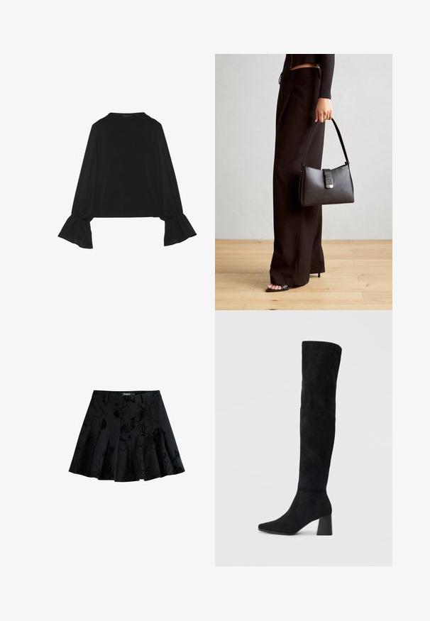 Top negro de manga larga con puños acampanados, textura suave y un ajuste relajado, con un sencillo cuello redondo.; Falda negra con plisados y un patrón floral, hecha de una tela texturizada. Presenta una cinturilla y un cierre de cremallera oculto.; Bota de ante negra hasta la rodilla con tacón cuadrado, puntera afilada y diseño liso y sin costuras sobre un fondo claro.; Bolso negro con forma estructurada, textura suave y un cierre metálico. Combinado con pantalones anchos negros y sandalias de dedo en un suelo de madera.
