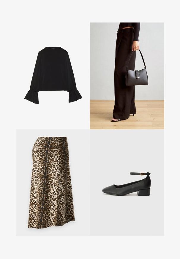 Juoda ilgomis rankovėmis palaidinė su išsiplėtusiais rankogaliais, minkšta tekstūra ir laisva forma, su paprastu apvaliu kaklu.; Leopardo raštas sijonas su švelnia, glotnia tekstūra; spalvos apima bežinę, juodą ir rudą; iki kulkšnies, prigludęs liemuo.; Juodas odinis aukštakulnis batelis su smailiu pirštu ir žemu bloku. Su kulkšnies dirželiu su auksinės spalvos sagtimi. Lygus paviršius.; Juodas rankinė struktūrizuota forma, lygi tekstūra ir metalinis užsegimas. Suporuota su plačiomis juodomis kelnėmis ir atvirais bateliais ant medinių grindų.