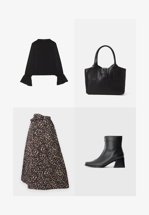 Schwarz langärmliges Oberteil mit ausgestellt geschnittenen Bündchen, weicher Textur und entspannter Passform, mit einem schlichten runden Halsausschnitt.; Maxi-Rock im Leopardenmuster in Braun und Schwarz, aus weichem Stoff, mit einem gebundenen Taillenbund und einem plissierten Design für eine fließende Silhouette.; Schwarze Lederstiefelette mit quadrater Zehenform, seitlichem Reißverschluss und Blockabsatz vor einem schlichten hellen Hintergrund.; Schwarze Leder-Tote mit glatter Textur, strukturiertem Design, zwei Griffen und einem auffälligen silbernen Schnallen-Detail auf der Vorderseite.