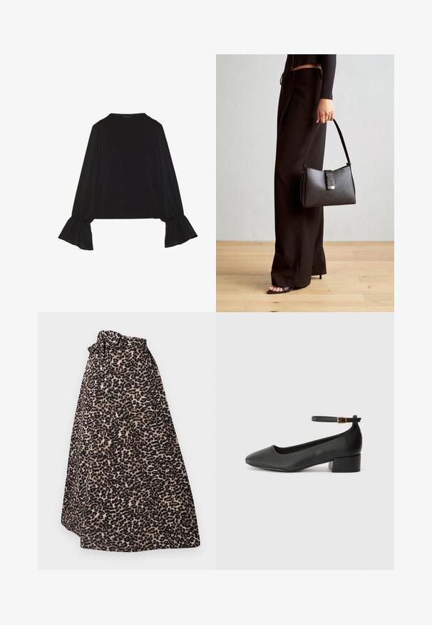 Fekete, hosszú ujjú felső, harang alakú mandzsettákkal, puha textúrával és laza szabással, egyszerű, kerek nyakkivágással.; Leopárdmintás maxi szoknya barna és fekete színben, puha anyagból készült, megkötős derékpánttal és redőzött kialakítással, amely légies sziluettet biztosít.; Fekete bőr magassarkú cipő hegyes orral és alacsony tömb sarkal. Bokapánttal rendelkezik, aranyszínű csattal. Simább textúra.; Fekete kézi táska strukturált formával, sima textúrával és fémből készült záródással. Széles fekete nadrággal és nyitott orrú szandállal párosítva, fából készült padlón.