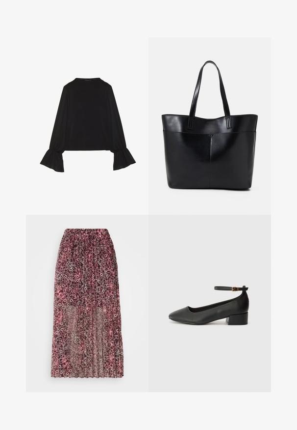 Svart langermet topp med utsvingte mansjetter, myk tekstur og avslappet passform, med enkel rund hals.; Gjennomsiktig maxiskjørt med blomstermønster i burgunder og rosa, med elastisk liv og plisserte detaljer.; Sorte skinnpumper med spiss tå og lav blokkhelt. Har ankelrem med gullfarget spenne. Glatt tekstur.; Svart lær toteveske med to lange håndtak, en glatt tekstur og en strukturert form. Har en frontlomme for ekstra oppbevaring.
