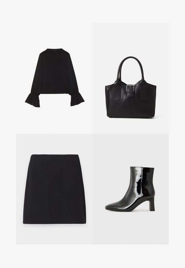 Top negro de manga larga con puños acampanados, textura suave y un ajuste relajado, con un sencillo cuello redondo.; Falda mini negra, corte recto, textura de tela suave, sin patrones ni adornos visibles, bordes limpios, sin herrajes. Diseño simple.; Botín de charol negro con punta afilada y un tacón de bloque de altura media. Textura suave y diseño minimalista.; Bolso tote de cuero negro con textura suave, forma estructurada, dos asas y un prominente detalle de hebilla plateada en la parte frontal.