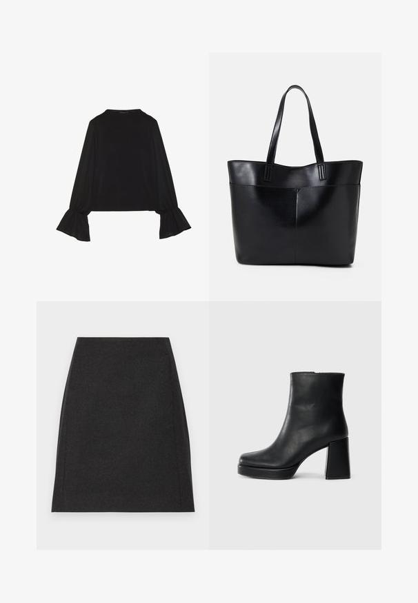 Top negru cu mânecă lungă, cu mansete evazate, textură moale și croială lejeră, având un guler rotund simplu.; Fustă mini neagră din lână cu o siluetă dreaptă, textură netedă și cusături laterale subtile. Fără închideri vizibile sau modele.; Botină din piele neagră, cu toc pătrat și talpă platformă, văzută din lateral pe un fundal alb simplu.; Geantă oversized din piele neagră, cu două mânere lungi, de textură netedă și formă structurată. Are un buzunar frontal pentru stocare suplimentară.