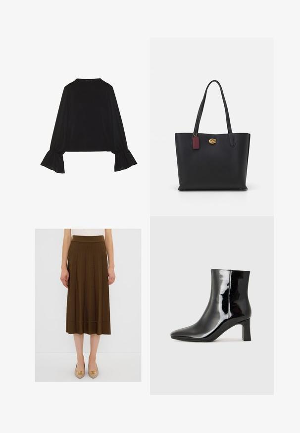 Top negro de manga larga con puños acampanados, textura suave y un ajuste relajado, con un sencillo cuello redondo.; Falda midi plisada marrón con una cinturilla ancha y detalle de costura horizontal en el dobladillo, combinada con zapatos beige que tienen acentos dorados.; Botín de charol negro con punta afilada y un tacón de bloque de altura media. Textura suave y diseño minimalista.; Bolso tote de cuero negro con dos asas largas, acabado texturizado, herrajes dorados y una etiqueta burdeos. Diseño espacioso con parte superior abierta.