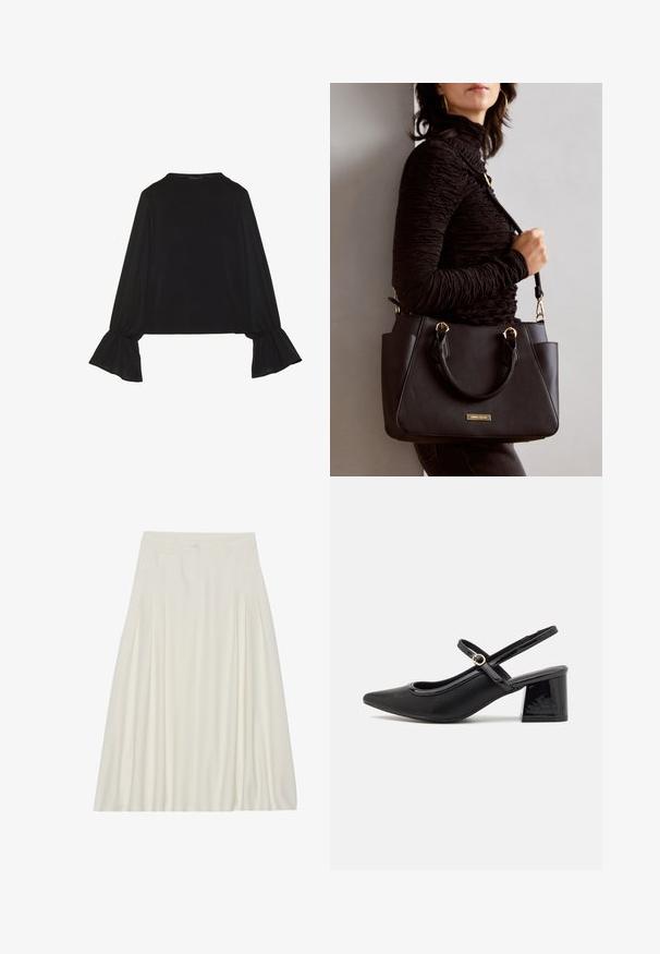 Top negru cu mânecă lungă, cu mansete evazate, textură moale și croială lejeră, având un guler rotund simplu.; Fustă albă, până la genunchi, dintr-un material ușor, cu plisse, talie cu închidere prin nasture și buzunare laterale.; Cizme cu toc slingback din piele sintetică lacuită neagră, cu vârful ascuțit, un design cu decupaj rotunjit și toc bloc. Include un accent cu cataramă de culoare aurie.; Geantă de umăr neagră cu suprafață texturată, cu două mânere superioare și curea de umăr ajustabilă. Dispune de accesorii metalice de culoare aurie și buzunare laterale.