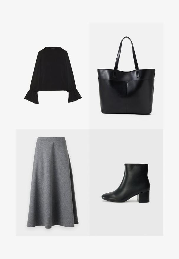 Mustsärgid musta tooniga, pika varrukaga, flöödid käised, pehme tekstuur ja vabalt langev lõige, lihtsa ümaraga kaelusega.; Hallide, kuni põlveni ulatuv seelik, mis on valmistatud pehmest ja elastse materjalist, omades laienevat disaini ja mugavat elastset vööosa.; Mustad nahast pahkluu saapad terava varbaga ja jämeda kandaga. Sile tekstuur minimaalse aktsentidega ja stiilne, lihvitud disain.; Must mustaga musta nahast, millel on kaks pikka kanda, sile tekstuur ja struktureeritud kuju. Esipoolsel on lisakoti jaoks tasku.