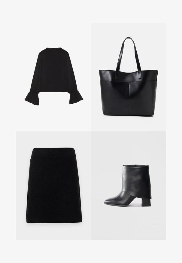 Czarny top z długim rękawem, z rozkloszowanymi mankietami, miękką fakturą i luźnym krojem, z prostym okrągłym dekoltem.; Czarna mini spódnica wykonana z miękkiego materiału, o prostym kroju i bezszwowym pasku, bez widocznych zapięć czy wzorów.; Czarny skórzany botek za kostkę z ostrym noskiem, gładką fakturą i wyraźnie zdefiniowanym blokowym obcasem. Posiada wysoki, zwinięty mankiet.; Czarna skórzana torba na ramię z dwoma długimi uchwytami, gładką teksturą i sztywną formą. Posiada przednią kieszeń dla dodatkowego przechowywania.