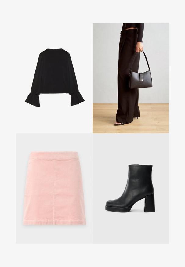 Μαύρο μακρυμάνικο μπλουζάκι με φουσκωτούς βραχίονες, μαλακή υφή και άνετη γραμμή, με απλή στρογγυλή λαιμόκοψη.; Ροζ κοντο φούστα από κοραλλί με εφαρμοστό μέσο και κάθετη ραβδωτή υφή. Το τελείωμα είναι ίσιο, και διαθέτει απλό σχέδιο χωρίς διακοσμητικά στοιχεία.; Μαύρη δερμάτινη μποτάκι στον αστράγαλο με τετράγωνο τακούνι και πλατφόρμα, απεικονισμένο από το πλάι σε λευκό φόντο.; Μαύρη τσάντα χειρός με δομημένο σχήμα, λεία υφή και μεταλλικό κούμπωμα. Συνδυασμένη με φαρδιά μαύρα παντελόνια και σανδάλια ανοιχτής μύτης πάνω σε ξύλινο πάτωμα.