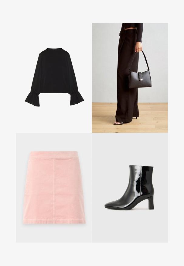 Melna garām piedurknēm krekls ar izplestu aproču, maigu tekstūru un brīvu piegriezumu, ar vienkāršu apaļu dekoltē.; Rozā korduroja mini svārki ar pieguļošu jostu un vertikālu ribotu tekstūru. Malas ir taisnas, un svārki ir vienkārša dizaina bez rotājumiem.; Melnas patentētas ādas potīšu zābaki ar norādītu pirkstu un vidēja augstuma kvadrātveida papēdi. Gluda tekstūra un minimālisma dizains.; Melnā somiņa ar strukturētu formu, gludu tekstūru un metālu sprādzi. Saskaņota ar platām melnām biksēm un sandālēm ar atvērtu purngalu uz koka grīdas.