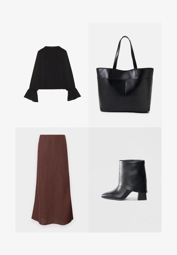 Top negro de manga larga con puños acampanados, textura suave y un ajuste relajado, con un sencillo cuello redondo.; Falda larga marrón hecha de tejido ligero. Presenta un diseño sencillo con un corte recto y una textura suave. El dobladillo está ligeramente curvado.; Bota de cuero negro hasta el tobillo con punta afilada, textura suave y un tacón bloque estructurado. Presenta un diseño de puño alto y doblado.; Bolso tote de cuero negro con dos asas largas, textura suave y forma estructurada. Cuenta con un bolsillo frontal para almacenamiento adicional.