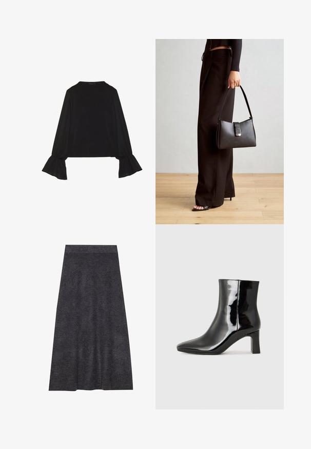 Juoda ilgomis rankovėmis palaidinė su išsiplėtusiais rankogaliais, minkšta tekstūra ir laisva forma, su paprastu apvaliu kaklu.; Tamsiai pilka, iki kelių ilgio megzta sijonas su lygiu paviršiumi ir juostos diržu. A formos siluetas su lygiais kraštais, skirtas patogumui ir universalumui.; Juodos lakuotos odinės aulinukės su smailiu pirštu ir vidutinio aukščio blokuotu kulnu. Lygus paviršius ir minimalistinis dizainas.; Juodas rankinė struktūrizuota forma, lygi tekstūra ir metalinis užsegimas. Suporuota su plačiomis juodomis kelnėmis ir atvirais bateliais ant medinių grindų.