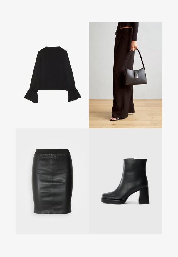 Top negru cu mânecă lungă, cu mansete evazate, textură moale și croială lejeră, având un guler rotund simplu.; Fustă creion neagră din piele netedă, având un brâu elastic pentru o siluetă fit și un design minimalist.; Botină din piele neagră, cu toc pătrat și talpă platformă, văzută din lateral pe un fundal alb simplu.; Genți negre cu o formă structurată, textură netedă și un închizător metalic. Asortată cu pantaloni negri largi și sandale cu vârf deschis pe un podea din lemn.