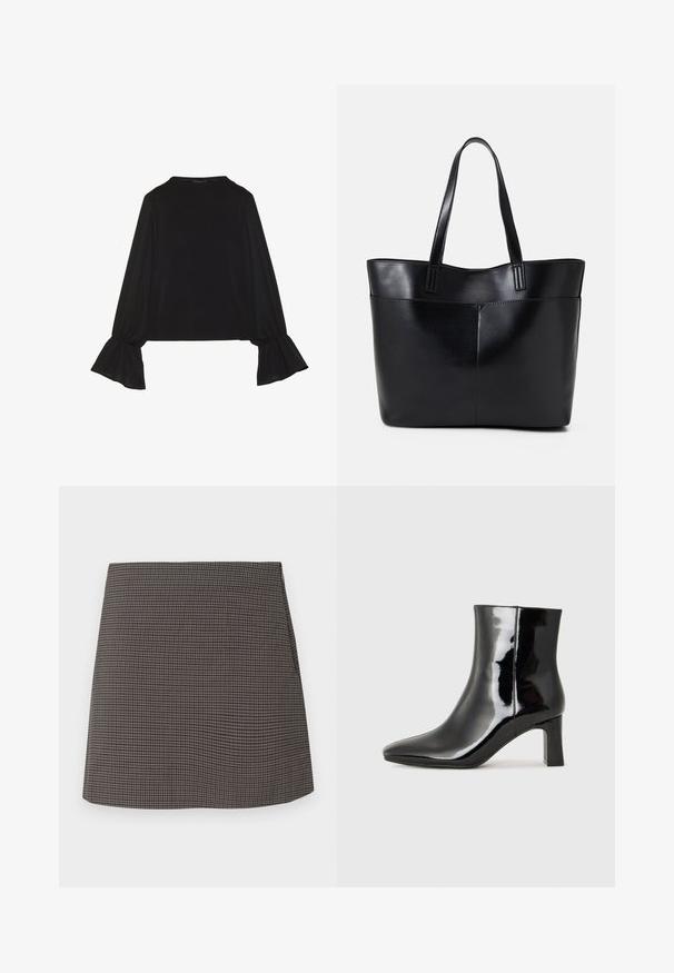 Svart langermet topp med utsvingte mansjetter, myk tekstur og avslappet passform, med enkel rund hals.; Mini skjørt med rett snitt i små svarte og grå houndstooth mønster, uten synlige pynt eller lommer.; Sorte patentlær ankle boot med spiss tå og en mellomhøy blokkhelt. Glatt tekstur og minimalistisk design.; Svart lær toteveske med to lange håndtak, en glatt tekstur og en strukturert form. Har en frontlomme for ekstra oppbevaring.