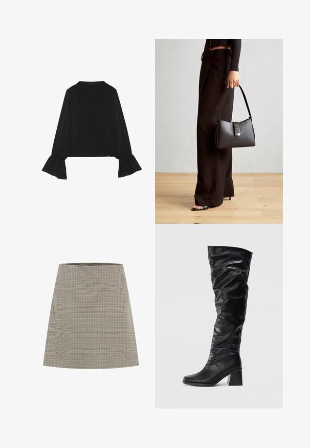 Melna garām piedurknēm krekls ar izplestu aproču, maigu tekstūru un brīvu piegriezumu, ar vienkāršu apaļu dekoltē.; A formas svārki pelēkā krāsā ar maza pārbaudes rakstu. Tam ir gluda tekstūra un tīrs jostasvieta. Līdzsvarojas virs ceļa.; Melnās ceļgala augstas zābaki, izgatavoti no spīdīgas ādas, ar brīvu dizainu, smailu purngalu un masīlu blokveida papēdi. Gluda tekstūra ar smalku spīdumu.; Melnā somiņa ar strukturētu formu, gludu tekstūru un metālu sprādzi. Saskaņota ar platām melnām biksēm un sandālēm ar atvērtu purngalu uz koka grīdas.