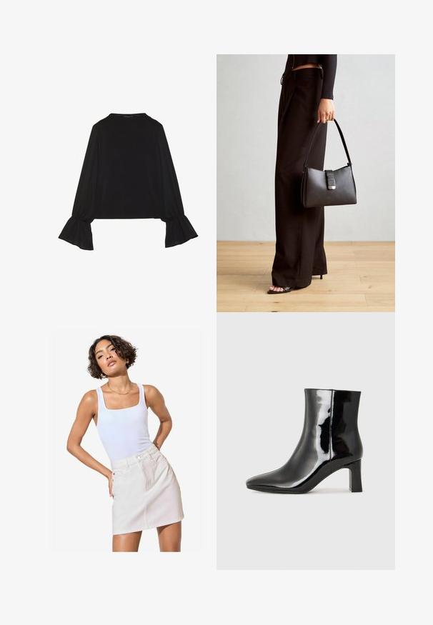 Top negro de manga larga con puños acampanados, textura suave y un ajuste relajado, con un sencillo cuello redondo.; Top blanco sin mangas con escote cuadrado, combinado con una mini falda de mezclilla beige claro, que cuenta con bolsillos frontales y detalles de costura sutiles.; Botín de charol negro con punta afilada y un tacón de bloque de altura media. Textura suave y diseño minimalista.; Bolso negro con forma estructurada, textura suave y un cierre metálico. Combinado con pantalones anchos negros y sandalias de dedo en un suelo de madera.