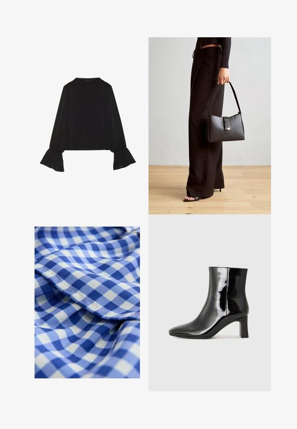 Maglietta nera a maniche lunghe con polsini svasati, texture morbida e vestibilità rilassata, con un semplice collo rotondo.; Tessuto a quadrati blu e bianchi con una consistenza morbida, caratterizzato da piccoli quadrati in tonalità di blu alternate. Include una rifinitura arricciata.; Stivaletto in pelle verniciata nera con punta a punta e tacco a blocco di altezza media. Texture liscia e design minimalista.; Borsa nera con forma strutturata, texture liscia e una chiusura metallica. Abbinata a pantaloni neri larghi e sandali open-toe su un pavimento in legno.