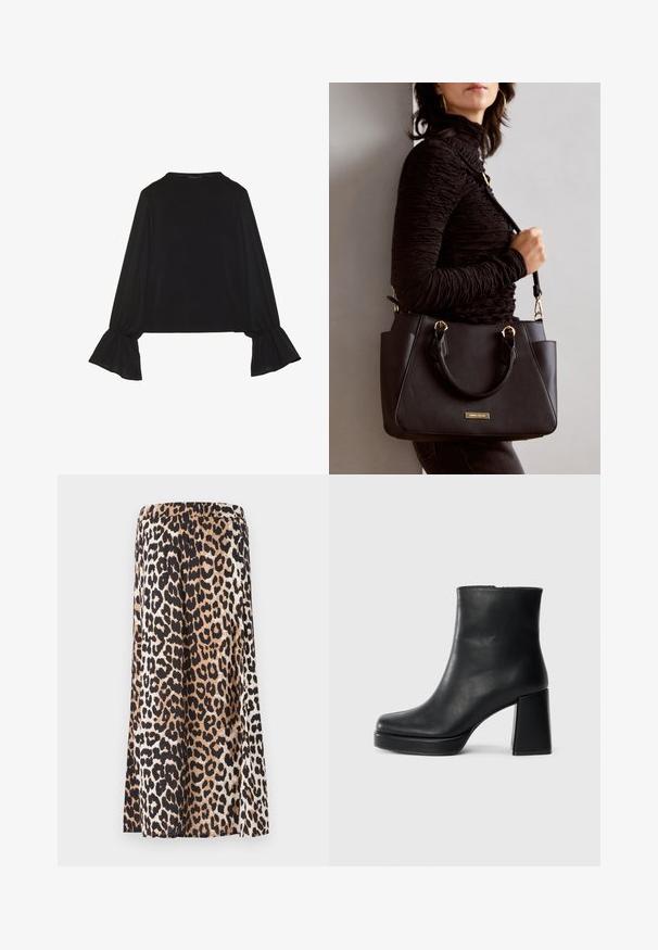 Čierny top s dlhými rukávmi, flitrovanými manžetami, mäkkou textúrou a voľným strihom, s jednoduchým okrúhlym výstrihom.; Vero Moda Maternity VMMJOSIE SKIRT - sukňa v tvare A - egret; Čierne kožené členkové topánky s blokovým podpätkom a platformovou podrážkou, zobrazené z boku na bielom pozadí.; Čierna kabelka s textúrovaným povrchom, dvojitými hornými rúčkami a nastaviteľným ramenným popruhom. Obsahuje zlaté kovanie a bočné vrecká.