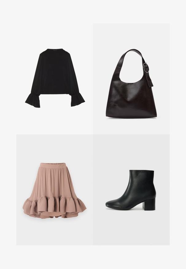 Melna garām piedurknēm krekls ar izplestu aproču, maigu tekstūru un brīvu piegriezumu, ar vienkāršu apaļu dekoltē.; Gaiši brūns ceļgupiša svārki, izgatavoti no mīksta auduma, ar platu jostas daļu un paplatinātu, slāņotu viļņotu apakšmalu. Visā audumā ir gluda tekstūra.; Melna ādas potīšu zābaki ar smailu purngalu un masīlu papēdi. Gluda tekstūra ar minimāliem akcentiem un gludu, pieguļošu dizainu.; Brūns ādas plecu soma ar gludu tekstūru, noapaļu formu, platu jostu un apaļu metāla akcentu uz roktura.