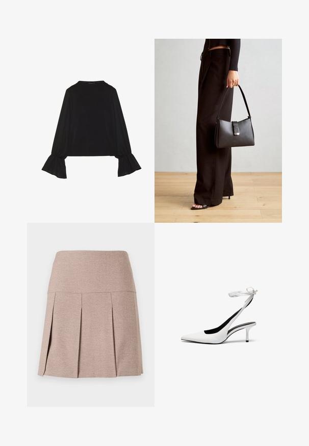 Crna majica dugih rukava s proširenim manžetama, mekanim materijalom i opuštenim krojem, s jednostavnim okruglim izrezom.; Naborana suknja u mekoj bež tkanini s glatkim strukom, koja se odlikuje teksturiranim, laganim materijalom i ravnim rubom.; Bijele cipele s otvorenim petama s oštrim vrhom i tankim remenom oko gležnja. Glatki kožni materijal, tanki stileto potplat i crna unutarnja obloga.; Crna torba s oblikom koji sadrži strukturu, glađu teksturu i metalnu kopču. Uparena s širokim crnim hlačama i sandalama na otvorenom s drvenog poda.