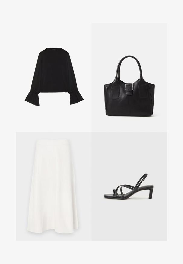 Maglietta nera a maniche lunghe con polsini svasati, texture morbida e vestibilità rilassata, con un semplice collo rotondo.; Gonna A-line bianca realizzata in tessuto liscio, con vita alta e dettagli di cucitura sottili, che si restringe verso un fondo svasato.; Sandalo nero con cinturini, dalla punta squadrata e tacco basso a blocco. Presenta diversi cinturini sottili e una cinturini regolabile alla caviglia. Realizzato in pelle liscia.; Borsa tote in pelle nera con texture liscia, forma strutturata, due manici e un evidente dettaglio in fibbia argentata sul davanti.