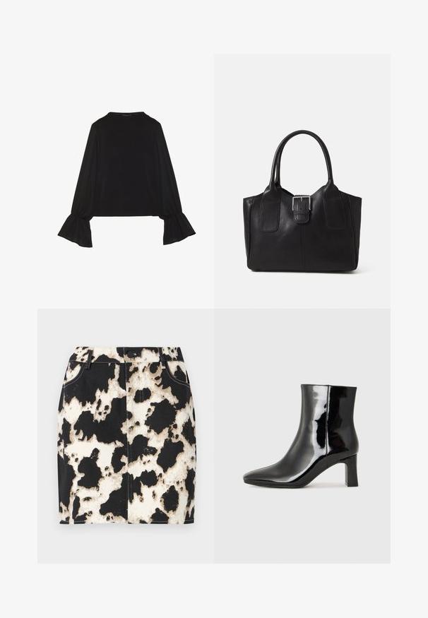 Black long-sleeve top featuring flared cuffs, soft texture, and a relaxed fit, with a simple round neckline.; Denim skirt featuring a black and white cowhide pattern, with contrast stitching and a front button closure. Short, fitted design.; Black patent leather ankle boot with a pointed toe and a mid-height block heel. Smooth texture and minimalist design.; Black leather tote bag with smooth texture, structured shape, two handles, and a prominent silver buckle detail on the front.