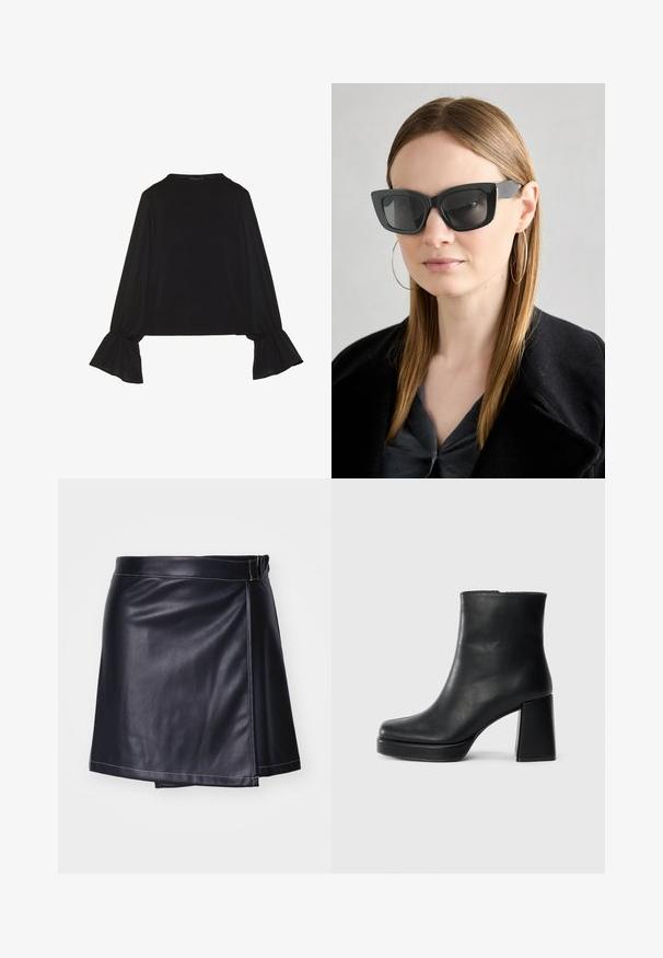 Crna majica dugih rukava s proširenim manžetama, mekanim materijalom i opuštenim krojem, s jednostavnim okruglim izrezom.; Crna kožna mini suknja s omotom, s glatkom teksturom, bijelim šavovima i prilagođenim strukom.; Crna kožna čizma do gležnja s blok petom i platformom, prikazana s bočne strane na jednostavnoj bijeloj pozadini.; Crne mačje naočale s tamnim staklima, debelim okvirima i suptilnim detaljima. Nosit će se s crnim kaputom i sivoj majici, s dugom ravnom kosom.