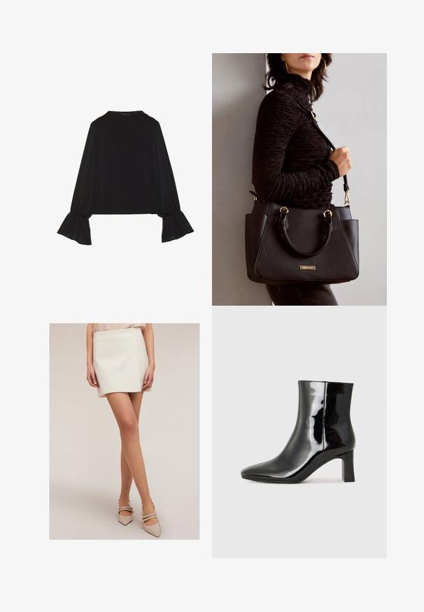 Maglietta nera a maniche lunghe con polsini svasati, texture morbida e vestibilità rilassata, con un semplice collo rotondo.; Minigonna bianca dal taglio dritto, caratterizzata da linee pulite e una texture liscia. Abbinata a scarpe color beige con punta appuntita e due cinturini alla caviglia.; Stivaletto in pelle verniciata nera con punta a punta e tacco a blocco di altezza media. Texture liscia e design minimalista.; Borsa nera con superficie texturizzata, manici superiori doppi e tracolla regolabile. Dotata di hardware color oro e tasche laterali.