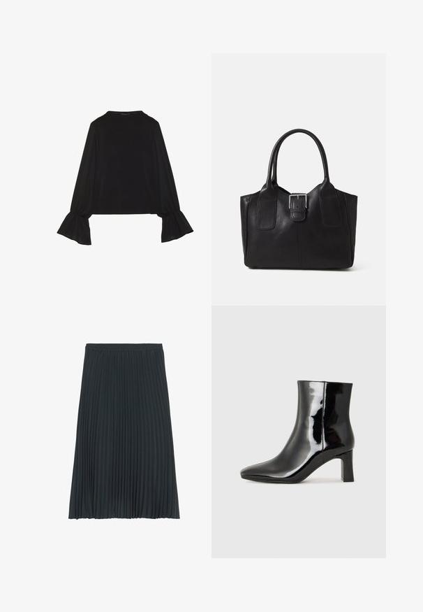 Top noir à manches longues avec des poignets évasés, texture douce et coupe décontractée, doté d'un col rond simple.; Jupe midi plissée en gris foncé avec une taille élastique. Présente des plis verticaux sur toute la surface pour apporter texture et fluidité. Fini en tissu lisse.; Bottines en cuir verni noir avec un bout pointu et un talon block de hauteur moyenne. Texture lisse et design minimaliste.; Sac fourre-tout en cuir noir avec une texture lisse, une forme structurée, deux poignées et un détail en boucle argentée proéminent à l'avant.