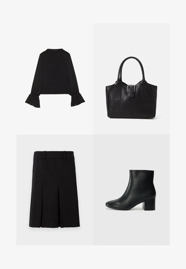 Black long-sleeve top featuring flared cuffs, soft texture, and a relaxed fit, with a simple round neckline.; Black pleated skirt made from fabric with a smooth texture. Features a fitted waistband and a straight cut with a knee-length hem.; Black leather ankle boots with a pointed toe and a chunky heel. Smooth texture with minimal accents and a sleek, fitted design.; Black leather tote bag with smooth texture, structured shape, two handles, and a prominent silver buckle detail on the front.