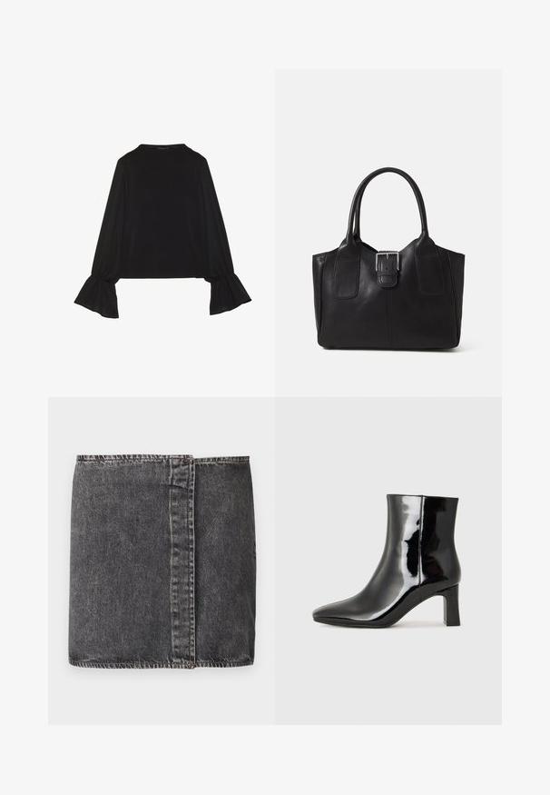Juoda ilgomis rankovėmis palaidinė su išsiplėtusiais rankogaliais, minkšta tekstūra ir laisva forma, su paprastu apvaliu kaklu.; Tamsiai pilka džinsinė sijonas su tiesiu kirpimu, matoma siuvinėjimo linija šoninėse siūlėse ir neapdirbta apdaila apatiniame krašte.; Juodos lakuotos odinės aulinukės su smailiu pirštu ir vidutinio aukščio blokuotu kulnu. Lygus paviršius ir minimalistinis dizainas.; Juodas odinis nešiojamas krepšys su lygiu paviršiumi, struktūrine forma, dviem rankenėlėmis ir ryškiu sidabriniu sagties akcentu priekyje.