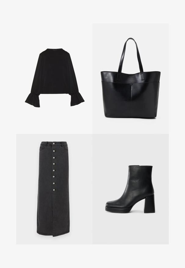 Schwarz langärmliges Oberteil mit ausgestellt geschnittenen Bündchen, weicher Textur und entspannter Passform, mit einem schlichten runden Halsausschnitt.; Langer schwarzer Jeansrock mit vorderem Knopfverschluss, Gürtelschlaufen und Seitentaschen. Glatte Textur mit geradem Schnitt und leichtem Schlitz.; Schwarze Leder-Stiefelette mit Blockabsatz und Plattformsohle, seitlich auf einem schlichten weißen Hintergrund betrachtet.; Schwarze Leder-Shopper-Tasche mit zwei langen Griffen, einer glatten Textur und einer strukturierten Form. Verfügt über eine Vordertasche für zusätzlichen Stauraum.