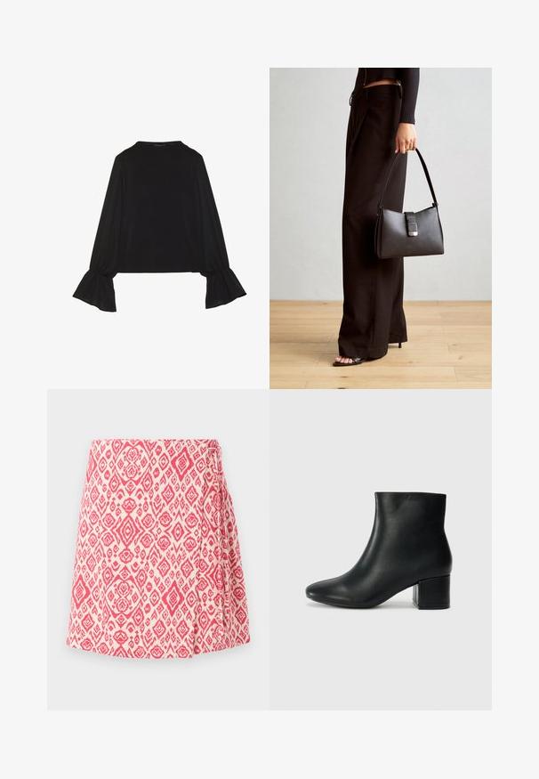 Maglietta nera a maniche lunghe con polsini svasati, texture morbida e vestibilità rilassata, con un semplice collo rotondo.; Gonna a portafoglio color crema con un motivo geometrico rosa. Presenta un dettaglio di cravatta laterale e un design svasato per una vestibilità rilassata. Tessuto dalla consistenza liscia.; Stivali neri in pelle fino alla caviglia con punta appuntita e tacco spesso. Texture liscia con minimi dettagli e un design elegante e aderente.; Borsa nera con forma strutturata, texture liscia e una chiusura metallica. Abbinata a pantaloni neri larghi e sandali open-toe su un pavimento in legno.