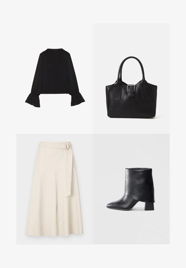 Schwarz langärmliges Oberteil mit ausgestellt geschnittenen Bündchen, weicher Textur und entspannter Passform, mit einem schlichten runden Halsausschnitt.; Cremfarbene Kunstleder-Midirock mit breitem Bund, Gürteldetail und A-Linie-Silhouette. Glatte Textur mit genähten Nähten und minimalen Akzenten.; Schwarze Lederstiefelette mit spitzer Zehenform, glatter Oberfläche und strukturiertem Blockabsatz. Mit einem hohen, gefalteten Schaftdesign.; Schwarze Leder-Tote mit glatter Textur, strukturiertem Design, zwei Griffen und einem auffälligen silbernen Schnallen-Detail auf der Vorderseite.