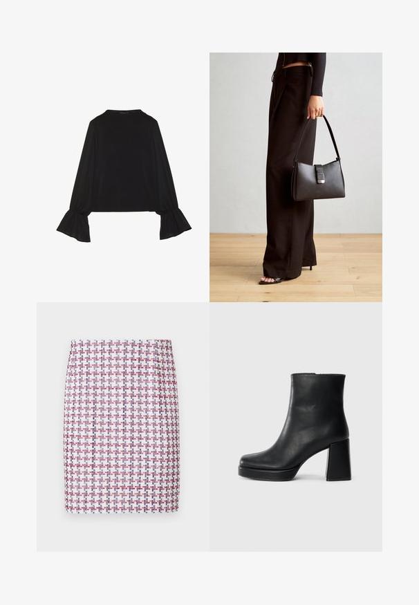 Crna majica dugih rukava s proširenim manžetama, mekanim materijalom i opuštenim krojem, s jednostavnim okruglim izrezom.; Tkana suknja u crvenoj, bijeloj i plavoj kariranoj šabloni, s ravnim krojem i glatkom teksturom, s pojasom srednje visine.; Crna kožna čizma do gležnja s blok petom i platformom, prikazana s bočne strane na jednostavnoj bijeloj pozadini.; Crna torba s oblikom koji sadrži strukturu, glađu teksturu i metalnu kopču. Uparena s širokim crnim hlačama i sandalama na otvorenom s drvenog poda.