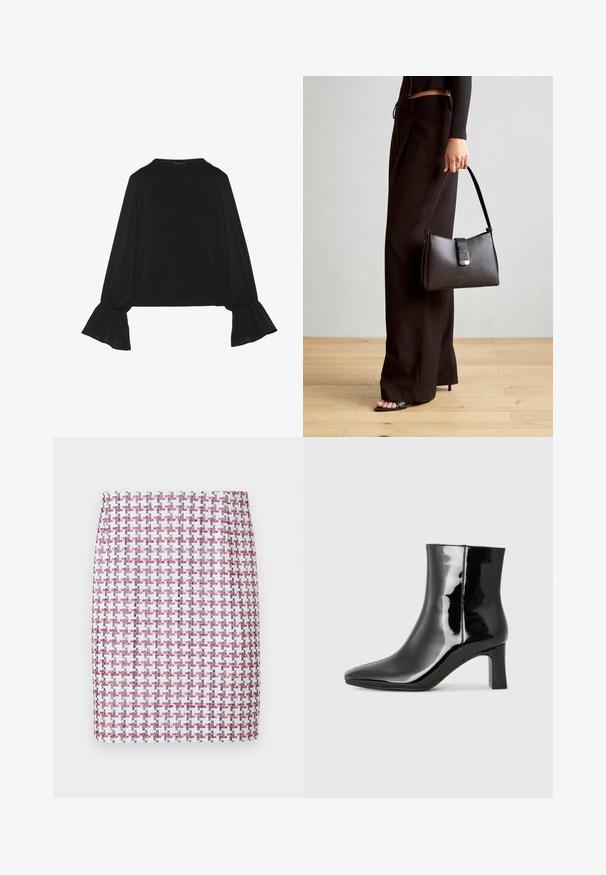 Mustsärgid musta tooniga, pika varrukaga, flöödid käised, pehme tekstuur ja vabalt langev lõige, lihtsa ümaraga kaelusega.; Kootud seelik punase, valge ja sinise ruudulise mustriga, sirge disainiga ja siledast tekstuurist, keskmise kõrgusega vöökohaga.; Must-sinine nahkjalats musta läikiva viimistlusega, millel on terav nina ja keskmise kõrgusega plokk konts. Sile tekstuur ja minimalistik disain.; Must musta kott, millel on struktureeritud kuju, sile tekstuur ja metallist klamber. Kombineeritud laiate mustade pükstega ja avatud varvaste sandaalidega puidust põrandal.