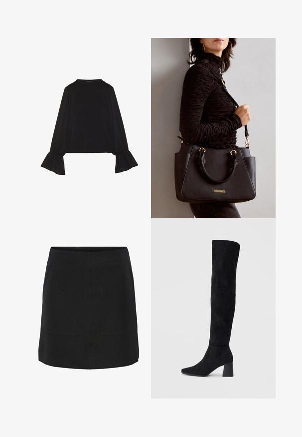 Top negru cu mânecă lungă, cu mansete evazate, textură moale și croială lejeră, având un guler rotund simplu.; Fustă neagră cu tăietură dreaptă, având două buzunare frontale și un finisaj curat. Fabricată dintr-un material neted, cu detalii minime.; Cizme negre din suede, cu toc bloc, vârf ascuțit și un design neted, fără cusături, pe un fundal deschis.; Geantă de umăr neagră cu suprafață texturată, cu două mânere superioare și curea de umăr ajustabilă. Dispune de accesorii metalice de culoare aurie și buzunare laterale.