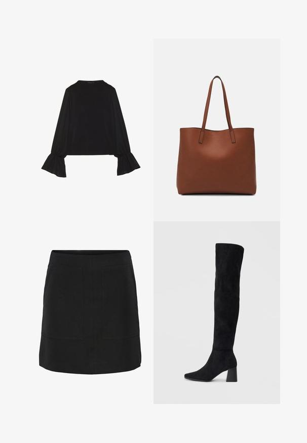 Juoda ilgomis rankovėmis palaidinė su išsiplėtusiais rankogaliais, minkšta tekstūra ir laisva forma, su paprastu apvaliu kaklu.; Juoda sijonas su tiesiu kirpimu, su dviem priekinėmis kišenėmis ir švariu apdaila. Pagamintas iš lygaus audinio su minimaliais akcentais.; Juoda zomšinė kelio ilgio batai su blokuotu kulnu, smailiu nosiu ir lygiu, be siūlių dizainu ant paprastos šviesios fono.; Ruda odinė priekabų krepšys su glotnia tekstūra, atviru viršumi ir dviem petnešomis. Su minimalia siuvimo detalėmis ir nematoma aparatūra.