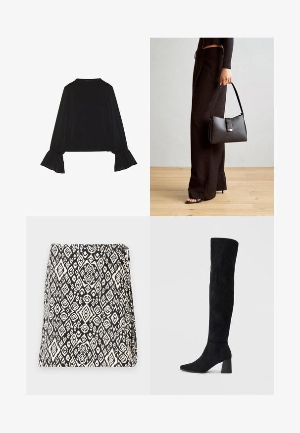 Svart langermet topp med utsvingte mansjetter, myk tekstur og avslappet passform, med enkel rund hals.; Svart og hvit veske med et geometrisk diamantmønster, laget av stoff med en teksturert overflate. Designet med en klaffåpning.; Sorte semskede knelang støvel med blokk-heelsk, spiss tå og glatt, sømløst design på en ensfarget lys bakgrunn.; Svart håndveske med strukturert form, jevn tekstur og metallisk lås. Kombinert med brede svarte bukser og sandaler med åpen tå på tregulv.