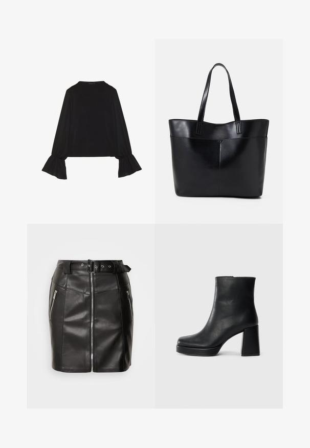 Top negro de manga larga con puños acampanados, textura suave y un ajuste relajado, con un sencillo cuello redondo.; Falda corta de piel negra con un diseño ajustado, que presenta una cremallera en la parte frontal, dos bolsillos laterales y un cinturón con hebilla. Textura suave.; Botín de cuero negro con tacón cuadrado y suela de plataforma, visto de lado sobre un fondo blanco liso.; Bolso tote de cuero negro con dos asas largas, textura suave y forma estructurada. Cuenta con un bolsillo frontal para almacenamiento adicional.