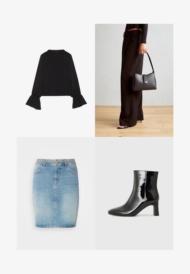 Čierny top s dlhými rukávmi, flitrovanými manžetami, mäkkou textúrou a voľným strihom, s jednoduchým okrúhlym výstrihom.; Svetlomodrá džínsová sukňa s priliehavým strihom, so zdobeným pásom s vzorom, prednými vreckami a jemným vyblednutím pre pridanie textúry.; Čierne lakované členkové topánky s špicatou špičkou a stredne vysokým blokovým podpätkom. Hladká textúra a minimalistický dizajn.; Čierna kabelka so štruktúrovaným tvarom, hladkou textúrou a kovovou sponou. V kombinácii so širokými čiernymi nohavicami a sandálmi s otvorenou špičkou na drevenej podlahe.